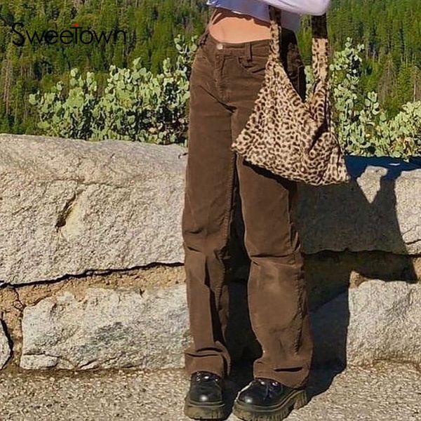 

sweetown corduroy y2k joggers women cargo pants 90s streetwear caramel brown low waist e girl aesthetic straight trousers female, Black;white