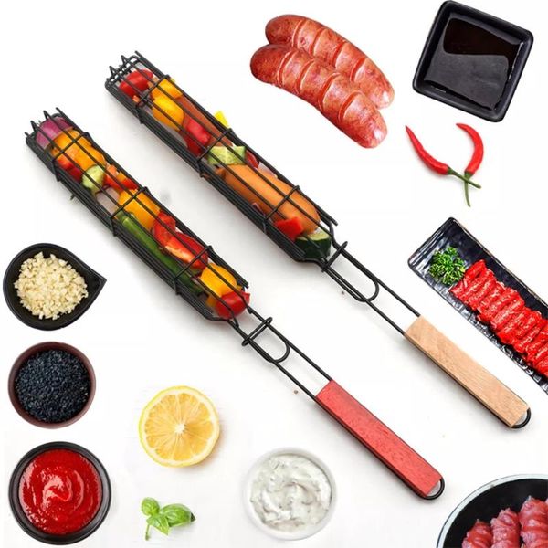 

tools & accessories grilling basket bbq grill barbecue net with durable anti-corrosion wooden handle camping supplies kitchen