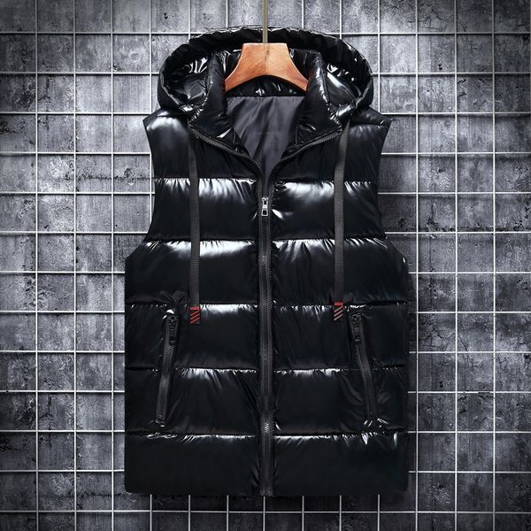 

down jacket 2021 detachable hooded bright leather vest men's and women's personality hsome waistcoat warm thickened youth trend in, Black