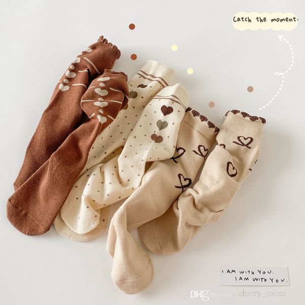 

fall 2021 girls princess socks autumn polka dot love heart hosiery for children kids lace casual knit mid-calf length sock d111, Pink;yellow