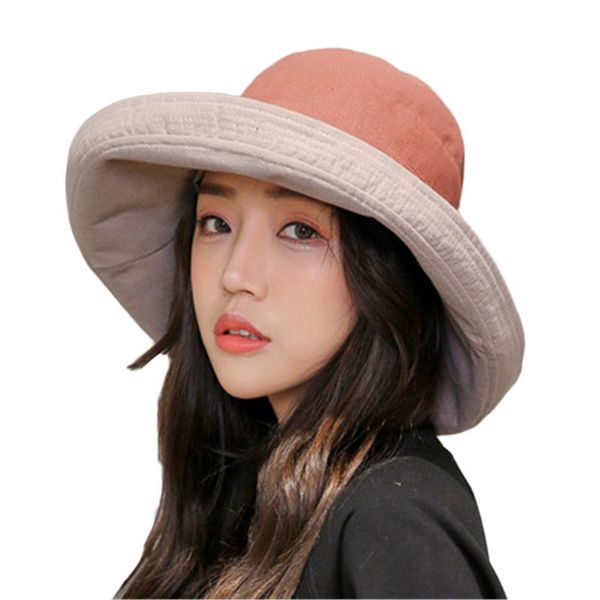 

women fashion korean hats summer foldable big brim beach cap ladies cotton sun hat outdoor uv protection caps chapeu feminino wide, Blue;gray