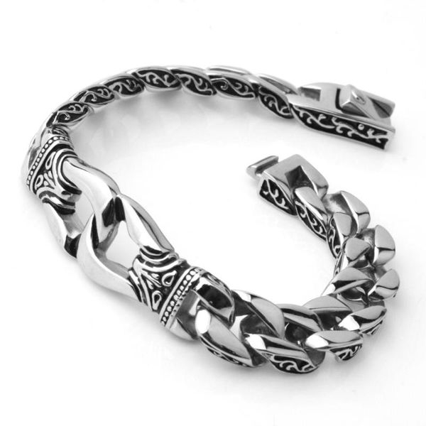 

link, chain 12mm 8.66" fashion silver color men's bracelet 316l stainless steel vintage curved curb cuban link bangle jewelry, Black