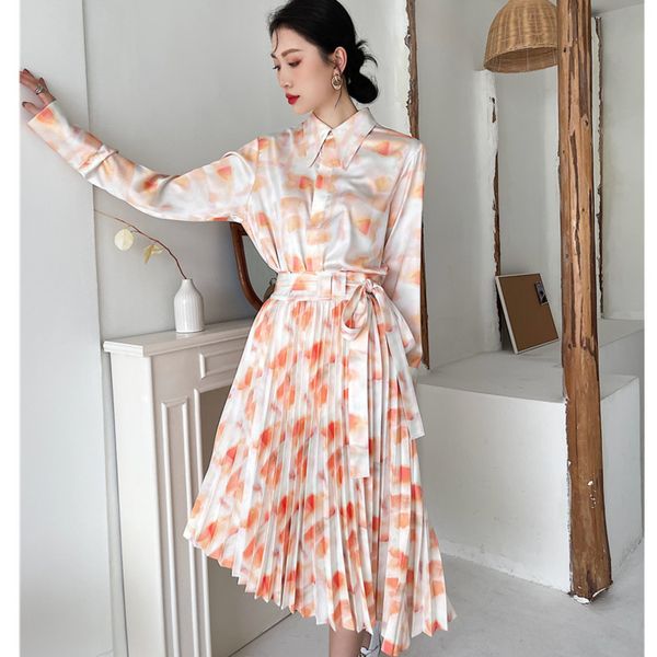 

[eqw] summer trendy clothing printed blouse dyed satin shirt + floral half-length skirt lady's sweet vacation 2-piece set 210510, White