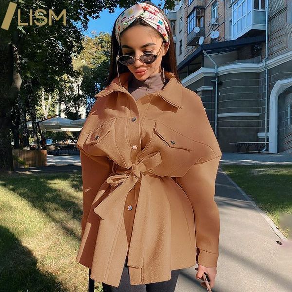

women's wool & blends lism winter loose woolen jacket coat with belt vintage long sleeve side pockets female outerwear chic overcoat fa, Black