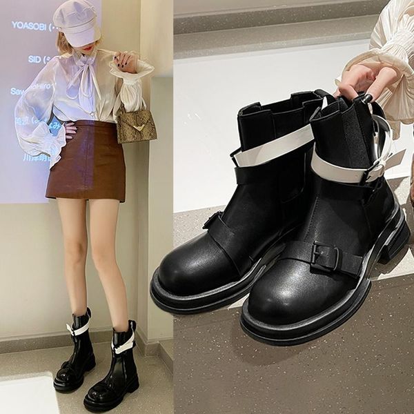 

boots women 2021 shoes round toe luxury designer med ankle rubber rock autumn black ladies fashion solid rome hoof heels ba