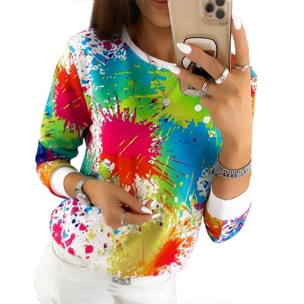 

women's t-shirt fashion women tie-dye printing o-neck long sleeves casual female blusas spring autumn harajuku, White