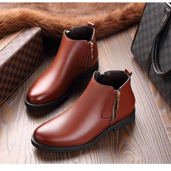 

men outdoor winter snow ankle boots non-slip short plush zip leather warm walking male casual flat shoes fashion, Black