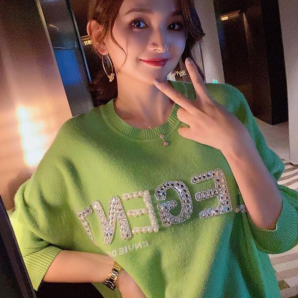 

spring pearl letter loose knitted sweater leisure long sleeve round neck warm knitwear outwear women's sweaters, White;black