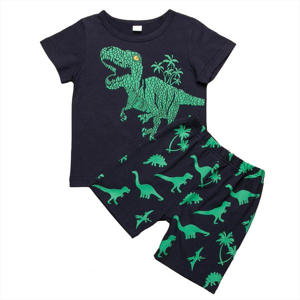 

2 7years kid baby boys dinosaur t shirt pants kids clothes outfit set 2pcs, White