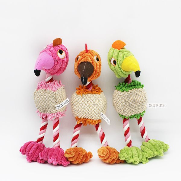 3 cores corda de algodão animal de estimação brinquedos animais de estimação cão mastiga brinquedo cachorrinho squeaker squeaky sadio brinquedo peludo rosa flamingo verde papagaio