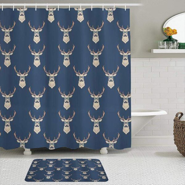 

fabric shower curtain and mats set,hipster inspiration deer with antler glasses mustache funny animal retro,waterproof bath