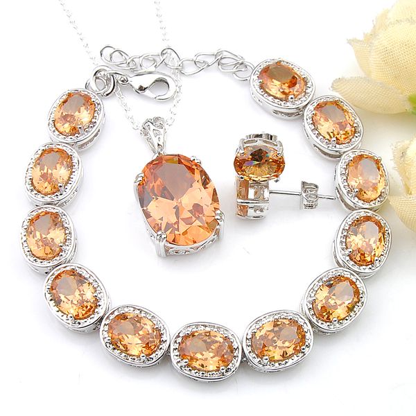 

luckyshine 3 pcs lot bride weddings jewelry sets oval cut champagne morganite silver necklace pendants bracelet stud ear, Black