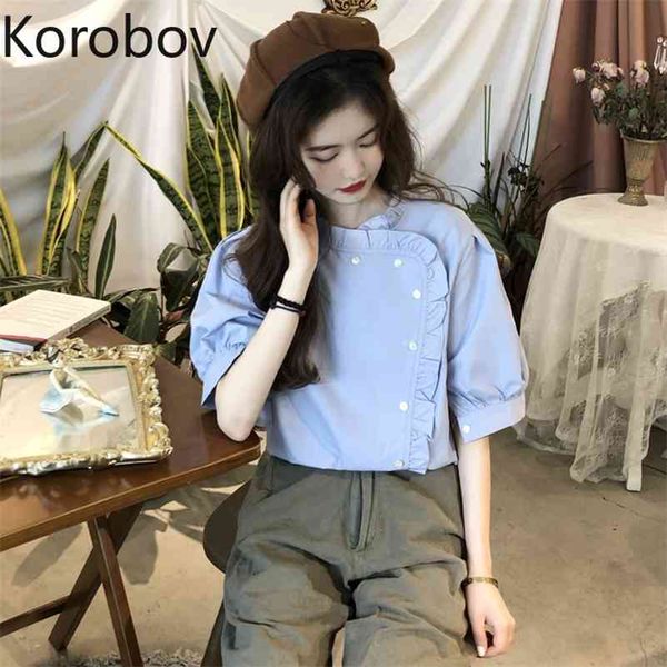 Korobov Nova Chegada Mulheres Blusas Vintage Estilo Preppy Slow Sleeve Camisas Elegantes Ruffles Único Breasted Blusas Mujer 210430