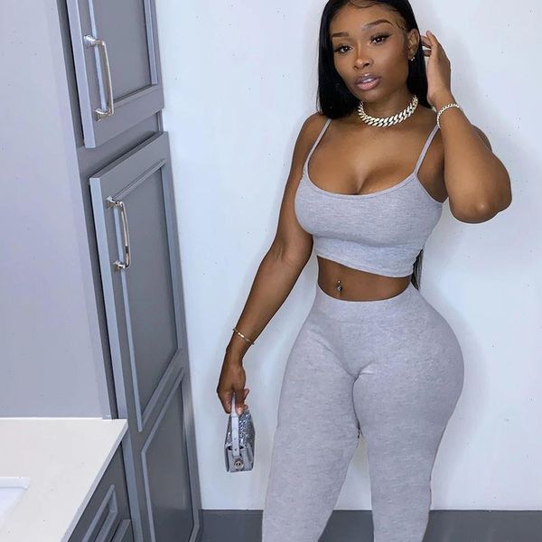 

women tracksuits fitness sporty workout two piece set tracksuit solid strap wear 2 outfits crop and pants matching sets, Gray