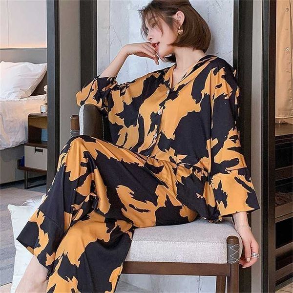 

pyjamas loungewear sleepwear silk women's home clothes two piece sets nighty for ladies long sleeve sleeping shirt 211116, Black;red