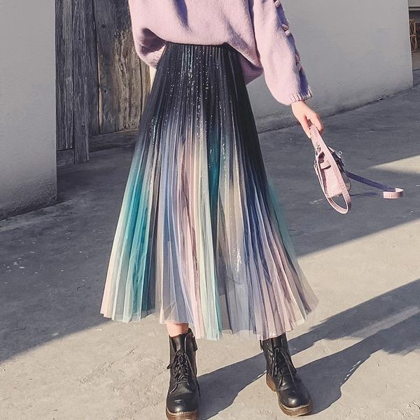 

autumn rainbow colorful metallic maxi womens skirt long tulle gradient mesh a line letter pleated ankle, Black
