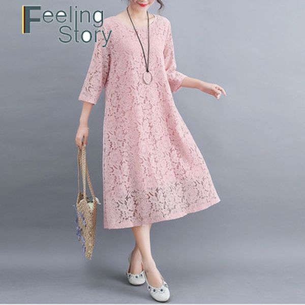

women dresses pink embroidery lace elegant party three quarter sleeve summer cotton 210603, Black;gray