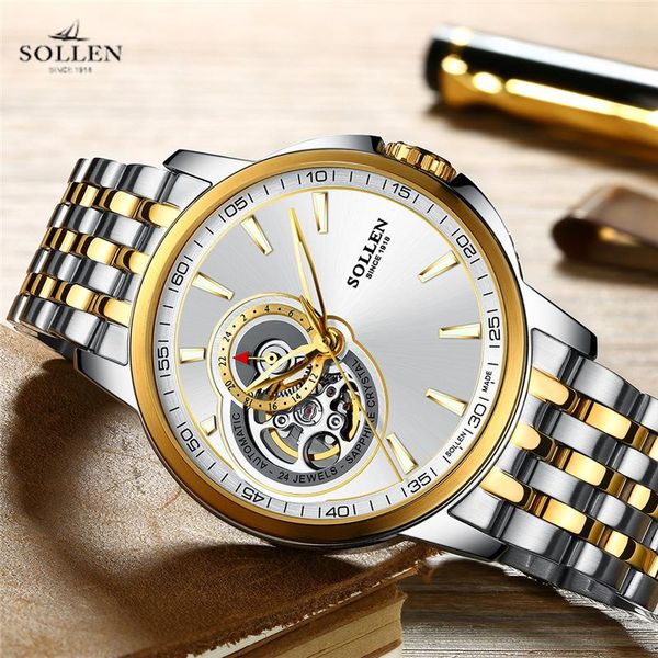 

wristwatches sollen automatic male watch tourbillon mechanical mens watches steel strap clock sapphire crystal dial window, Slivery;brown