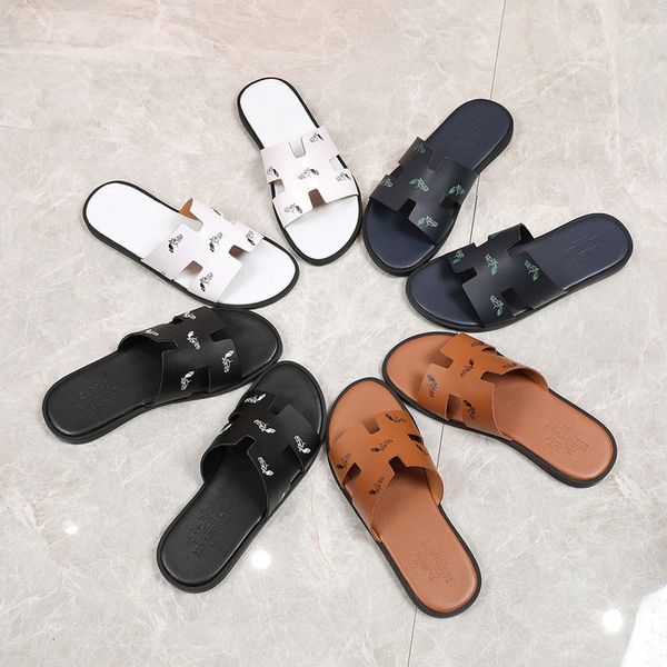 

slipper european station sandals breathable beach fashion h brand leather men's slippers summer large size antiskid leather flip flopzl, Black