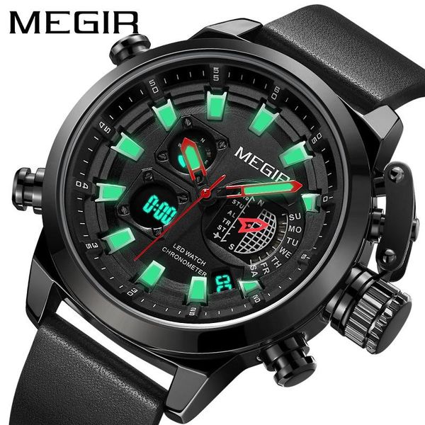 

wristwatches megir men's waterproof watch dual movement multifunction alarm clock luminous leather fashion quartz relogio masculino 209, Slivery;brown