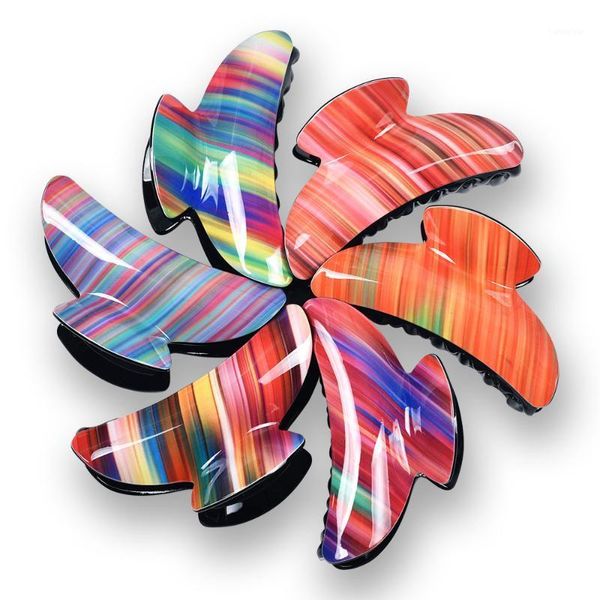 

9cm rainbow stripes big claw hair clip crab clamp acrylic accessories for women headwear 2021 christmas gift head band 210111