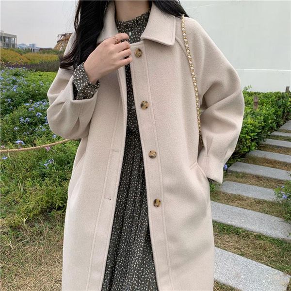 

women's wool & blends woolen overcoat spring autumn korean 2021 french fashion temperament loose mid-length lapel long-sleeved coat wom, Black