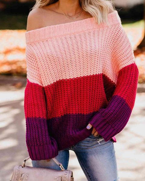 

fashion sweater autumn and winter 2021 stitching women's t-shirt pullover ol commuter medium loose for women, White;black