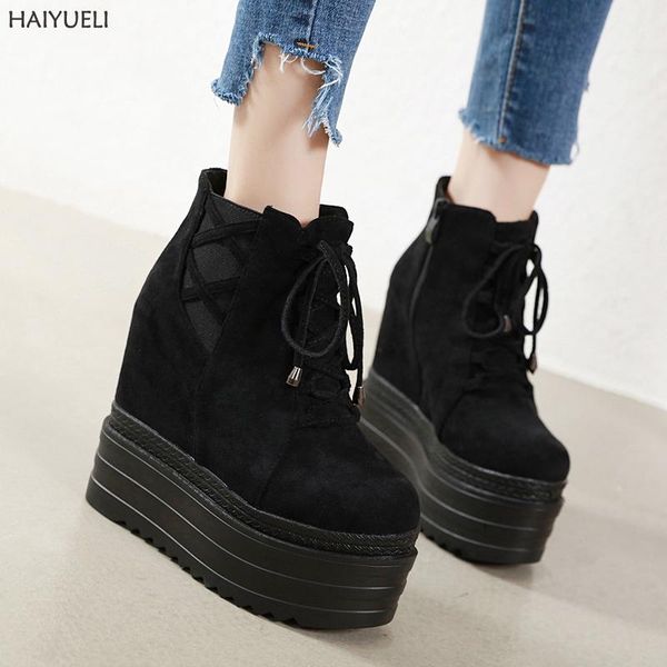 

boots women shoes fall ankle black suede wedges platform round toe high heels botas plataforma mujer