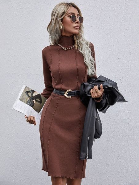 

high neck seam detail sweater dress without belt 00x9#, Black;gray