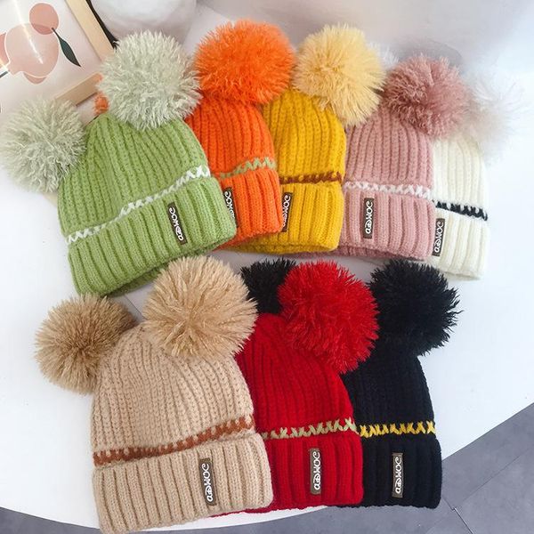 

style candy color pairs of fur balls cute wool hat younger fashion earmuffs autumn and winter knitted hats wide brim, Blue;gray