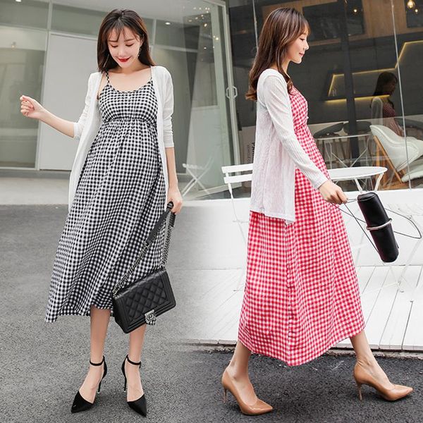 

7330# maternity clothes summer cotton short sleeves loose stylish plaid dress two pieces pregnant women mom dresses, White