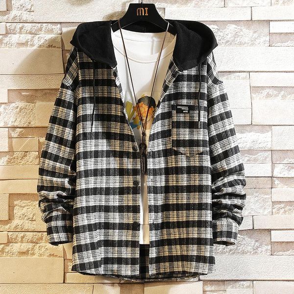 

men's casual shirts 2021 autumn england style hooded plaid men hip hop flannel loose street 5xl, White;black