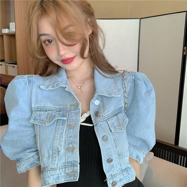 

women's jackets vintage women puff sleeve denim coats korean fashion turn-down collar female 2021 chic streetwear jean jacket, Black;brown