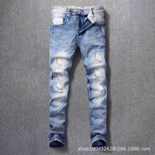 

fashion jeans high street men's with holes, Blue
