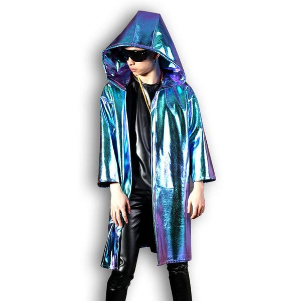 

men's fur & faux tailor-made men stage dance wear costumes male women fashion hip hop leather hooded cloak trench coat loose long cardi, Black