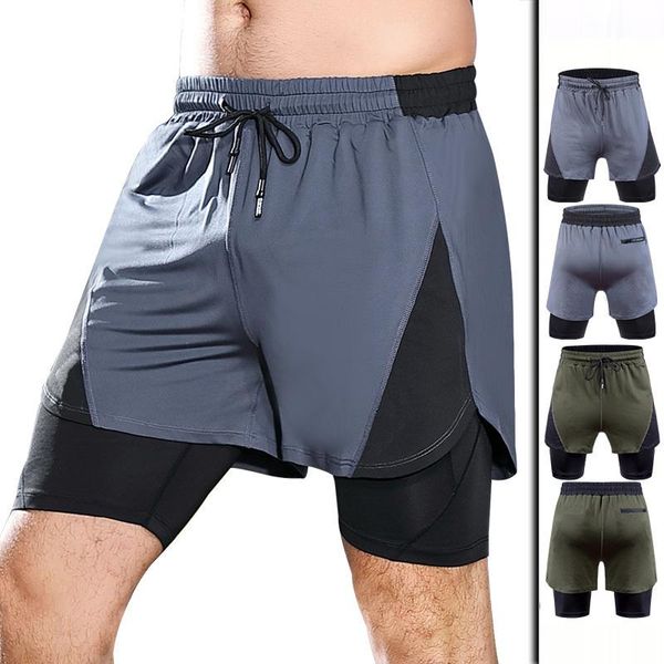 

gym clothing summer fitness shorts fake two piece running workout sports quick dry breathable men's training, White;black