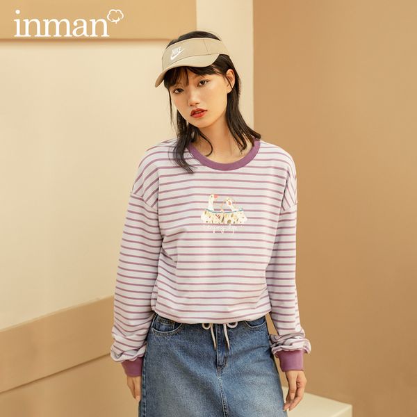 

hoodies autumn winter slim literary horizontal stripe printed cartoon rib cuff round neck sweatshirt 5mjh, Black