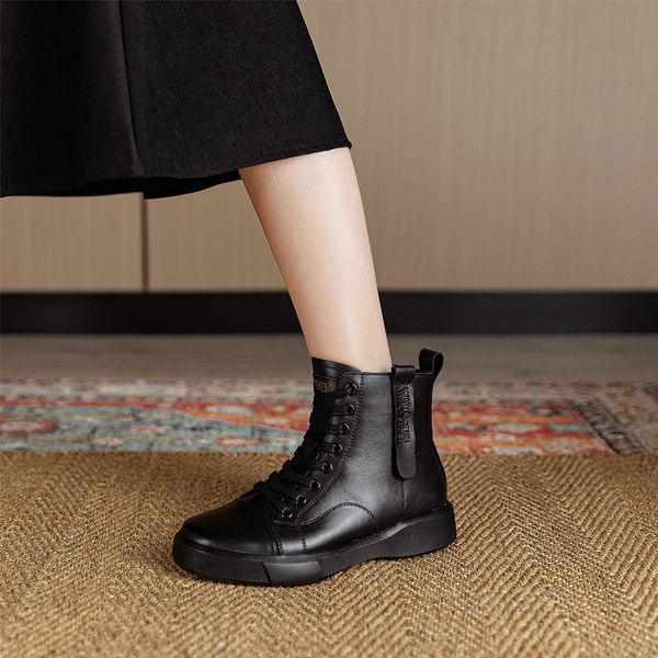 

boots head 2021 autumn winter thick leather women's single flat soled martin boots, Black