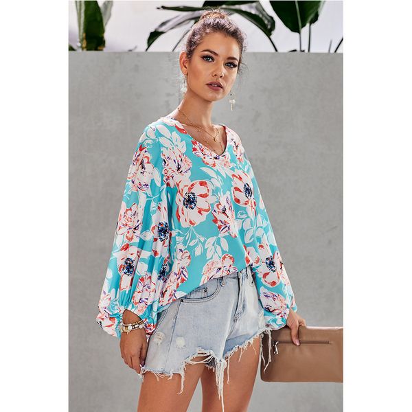 

women's shirt new printed loose v-neck lantern sleeve top, White