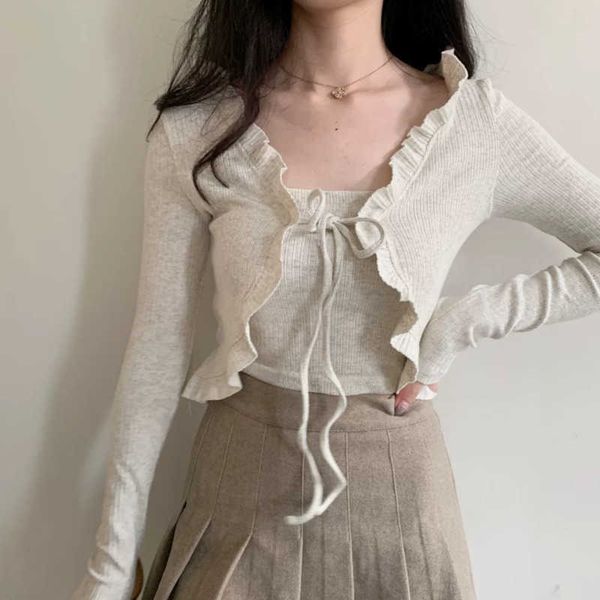 

womengaga korean women lace full sleeve knitting v neck lacing t shirt + tank two pieces tshirt tees nf7k 210603, White