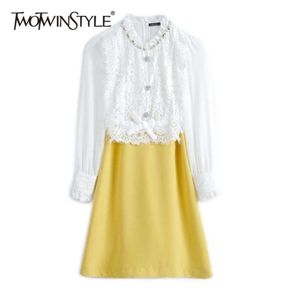 

elegant patchwork lace dress for women stand collar long sleeve high waist hit color dresses female fashion 210520, Black;gray