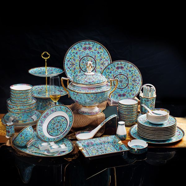 JINGDEZHEN Luxury Dinnerware Sets Gilding Bone China Light Blue Enamel Imperial Palace Style Dinner Plates & Dishes Porcelain Bowls Tableware Sets for Gift