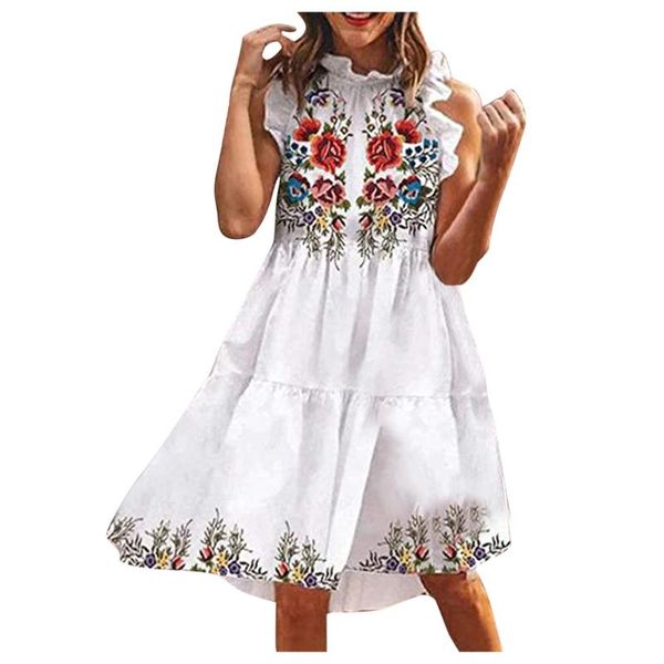 

casual dresses vestidos elegant ruffle women's vintage floral printed summer sleeveless print all-match dress sundress, Black;gray