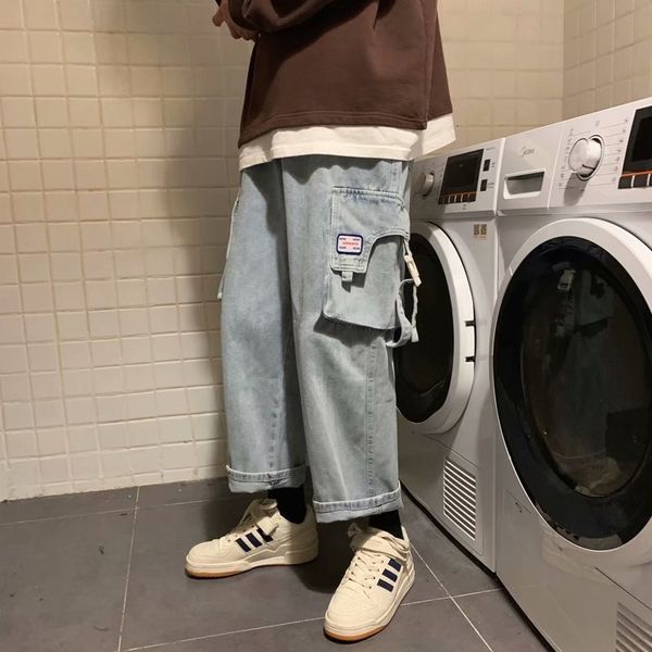 

men's jeans cargo jeans, broad legs, korean fashion trends, casual teenage clothes, baggy style, denim blue pants, y61p