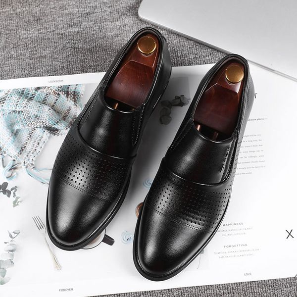 

busins drs leather shoes men's casual pointed breathable lace up single summer low korean version, Black