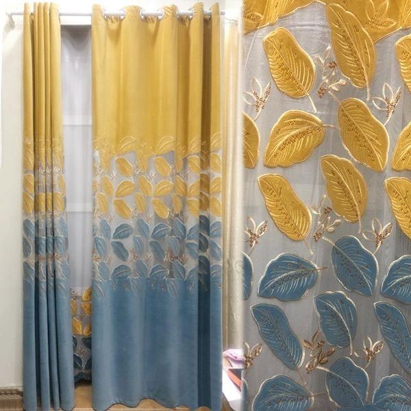 

modern and simple chinese curtain flannel leaf embroidered two-color curtains for living dining room bedroom & drapes