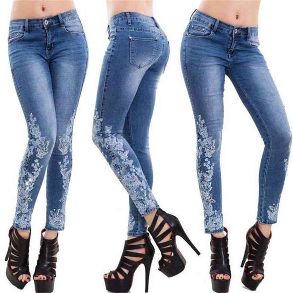

denim pencil pants stretch embroidered jeans for women flower female slim pattern pantalon femme s-2xl 210629, Blue