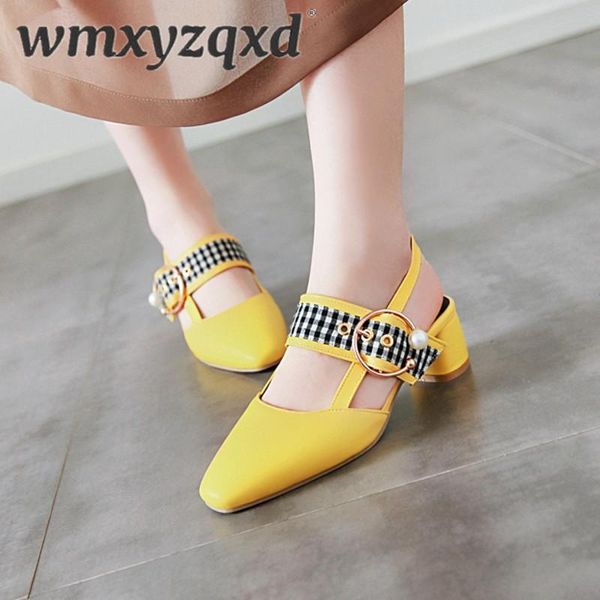 

woman sandals 2021 summer square heels plaid slip shallow mouth ladies sweety quality shoes head pumps wmxyzqxd, Black