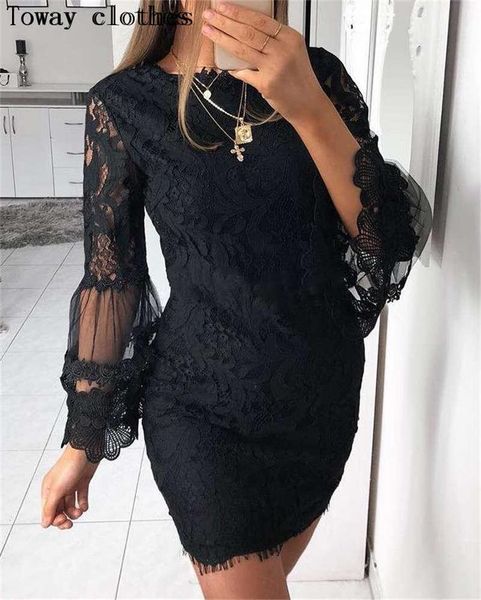 

casual dresses sheer mesh sleeve lace ruched dress women patchwork hollow out bell bodycon, Black;gray