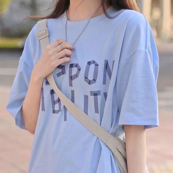 

women's t-shirt cotton blue short sleeve female student 2021 summer printing korean loose and lazy style top, White